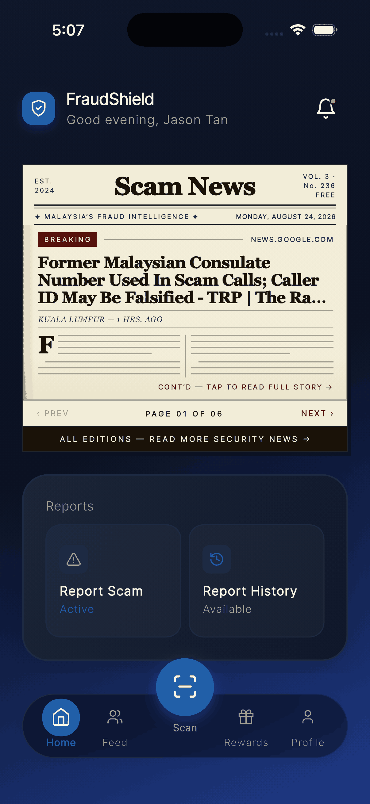 FraudShield home screen showing a Scam News briefing card and shortcuts to Report Scam and Report History