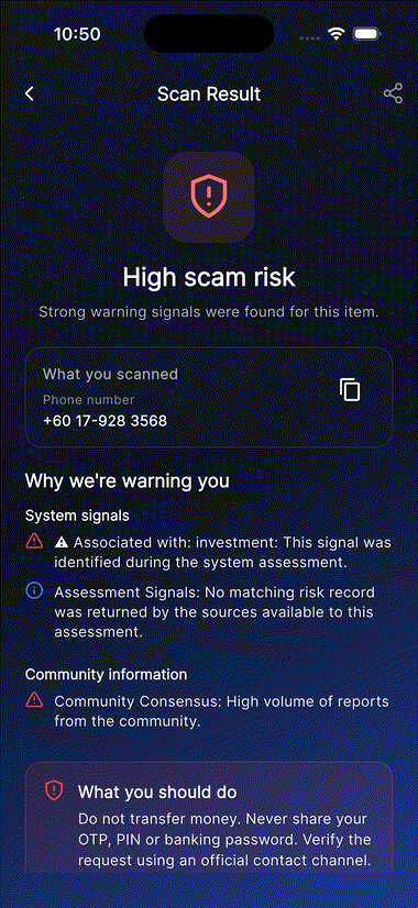 FraudShield scan result screen showing a risk band, community reports, and a recommended next step